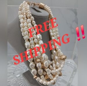 CHICOS Pearl & Gold Tone STATEMENT NECKLACE CHUNKY MULTIPLE LAYERS NEW